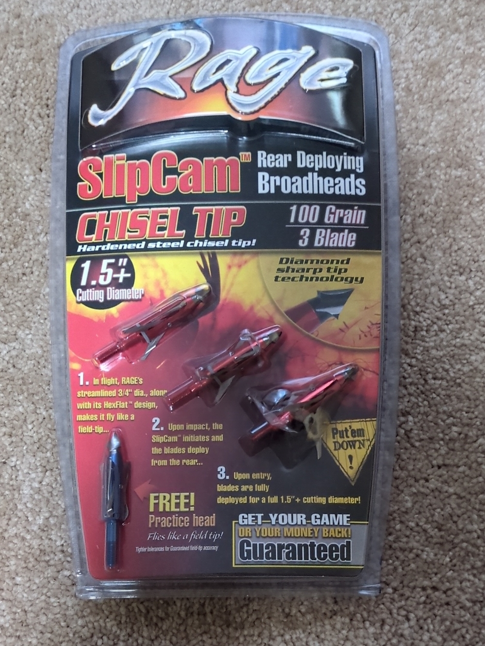 Rage SlipCam Chisel Tip Rear Deploying Broadheads - Red/Black